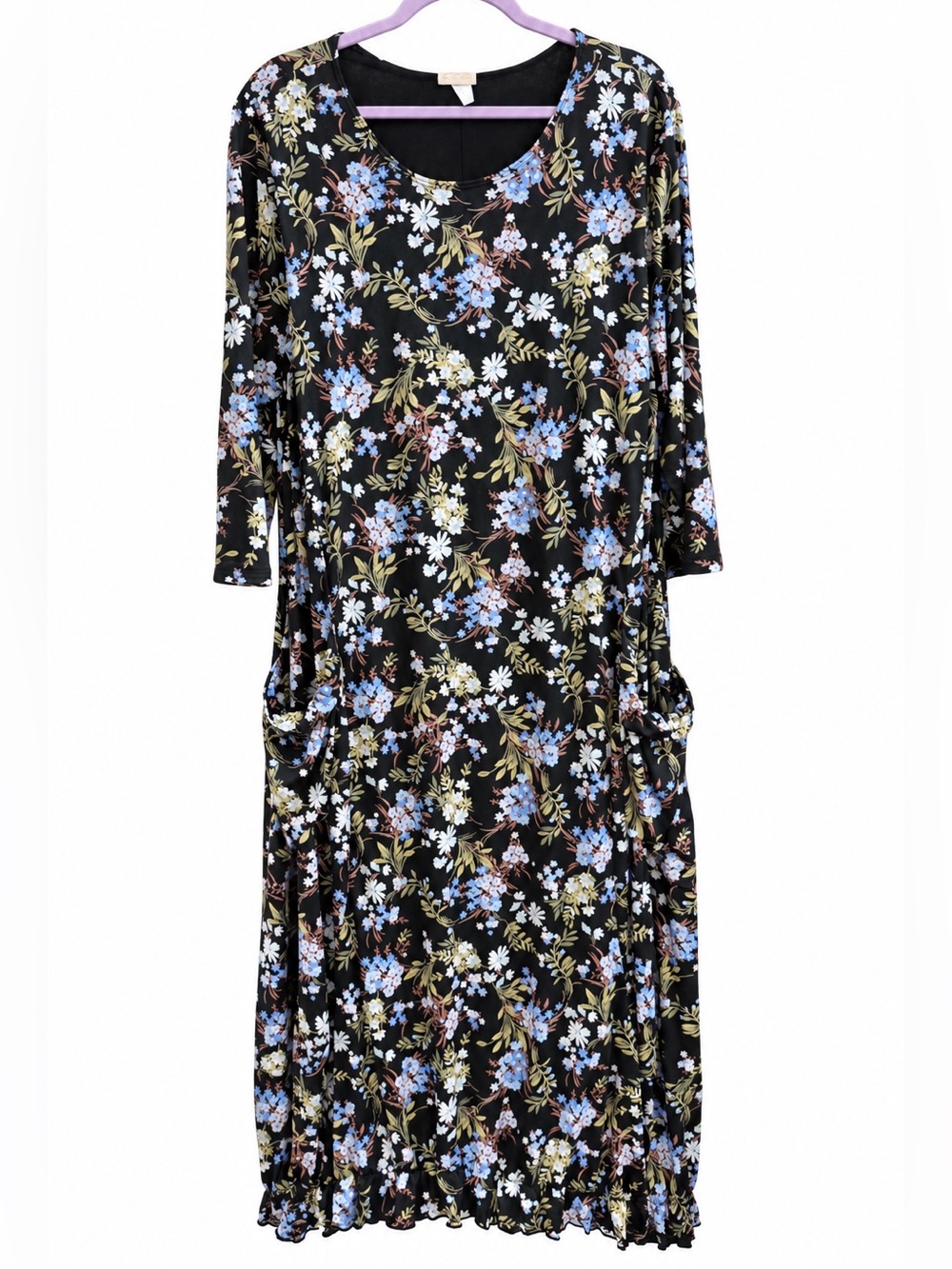 Zadie B Black Floral Bubble Hem Maxi Dress 2X Long Sleeve Blue Green Boho